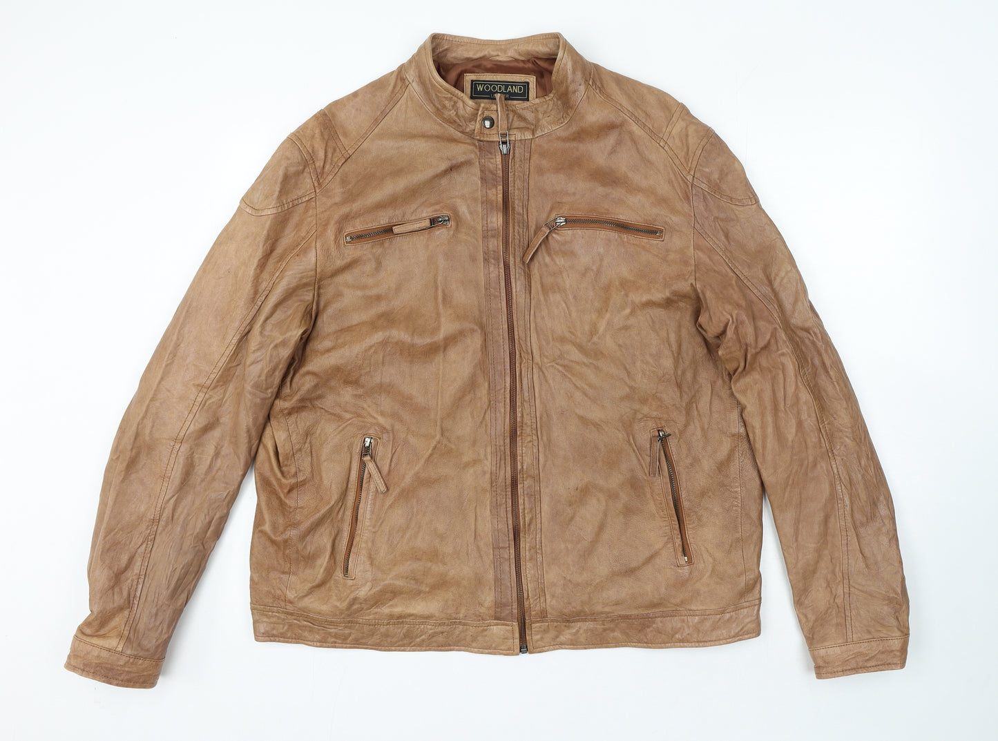 Woodland Leather Mens Brown Biker Jacket Size 3XL Zip