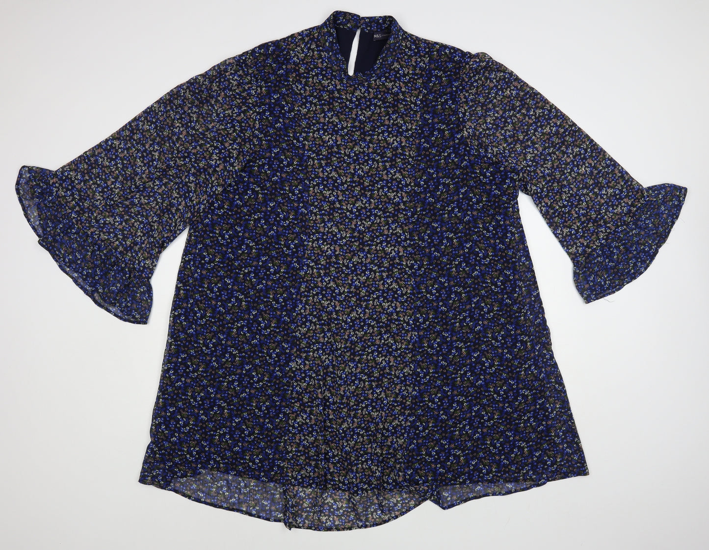 Marks and Spencer Womens Blue Floral Polyester A-Line Size 22 Mock Neck Button