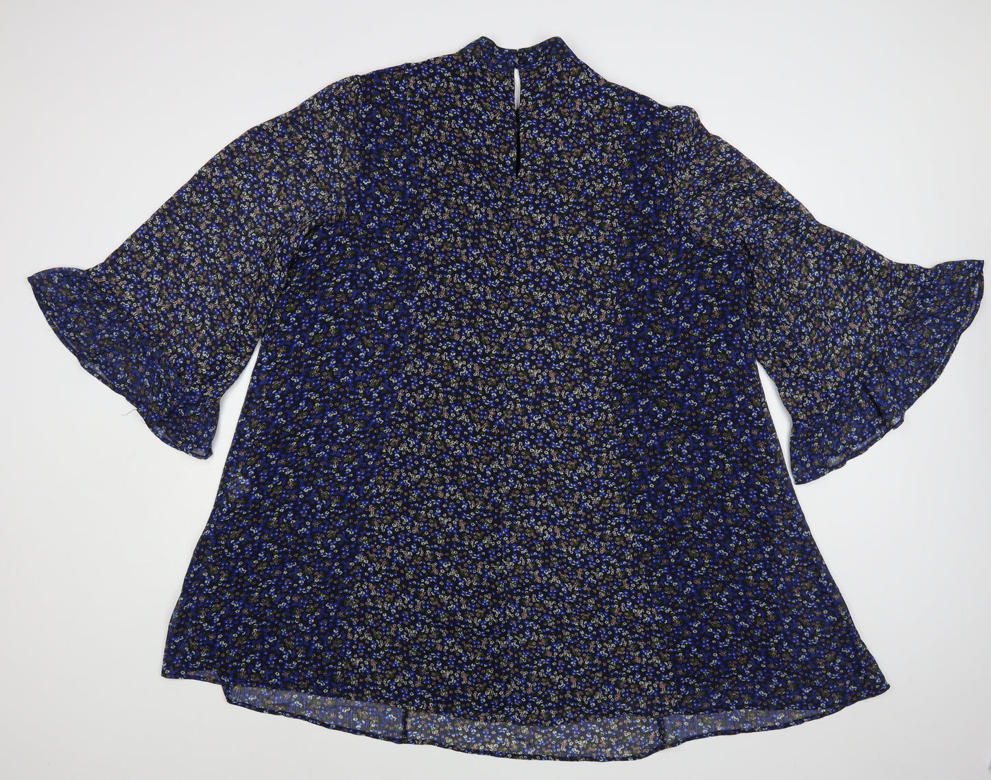 Marks and Spencer Womens Blue Floral Polyester A-Line Size 22 Mock Neck Button