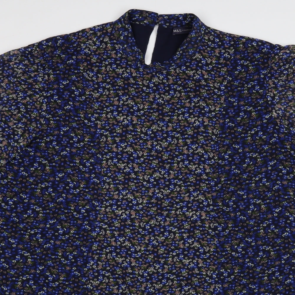 Marks and Spencer Womens Blue Floral Polyester A-Line Size 22 Mock Neck Button