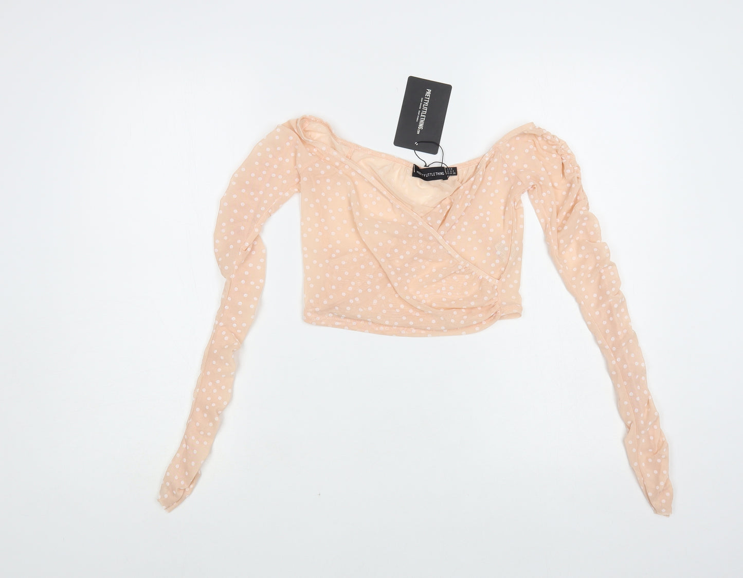PRETTYLITTLETHING Womens Pink Polka Dot Polyester Cropped Blouse Size 8 V-Neck - Ruched Sleeves