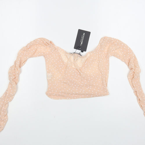 PRETTYLITTLETHING Womens Pink Polka Dot Polyester Cropped Blouse Size 8 V-Neck - Ruched Sleeves
