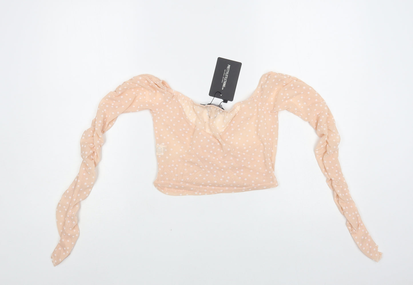 PRETTYLITTLETHING Womens Pink Polka Dot Polyester Cropped Blouse Size 8 V-Neck - Ruched Sleeves