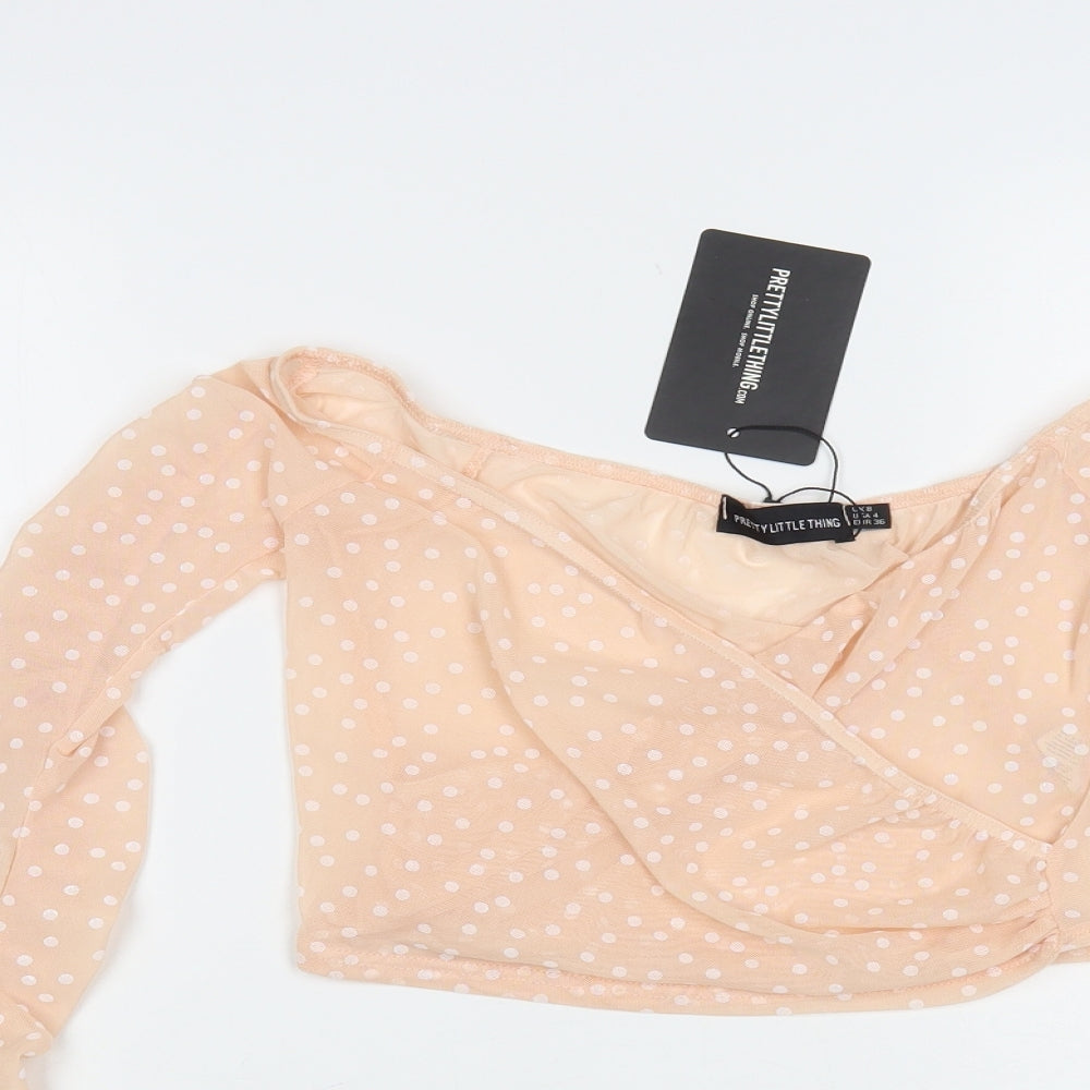 PRETTYLITTLETHING Womens Pink Polka Dot Polyester Cropped Blouse Size 8 V-Neck - Ruched Sleeves