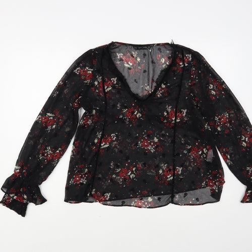 Zara Womens Black Floral Polyester Basic Blouse Size M V-Neck - Lace Detail