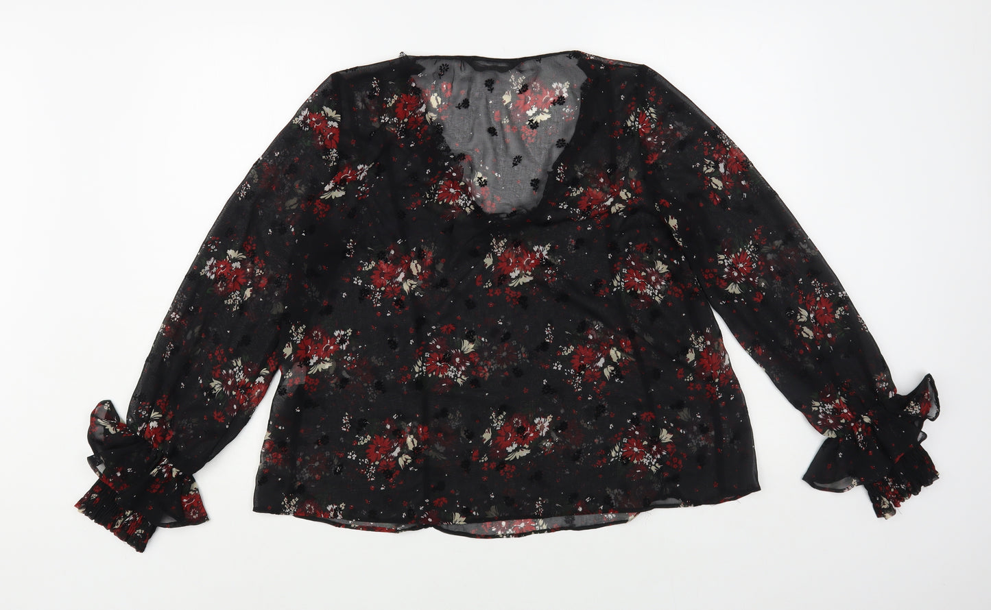 Zara Womens Black Floral Polyester Basic Blouse Size M V-Neck - Lace Detail