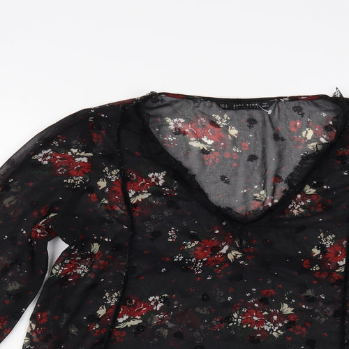 Zara Womens Black Floral Polyester Basic Blouse Size M V-Neck - Lace Detail