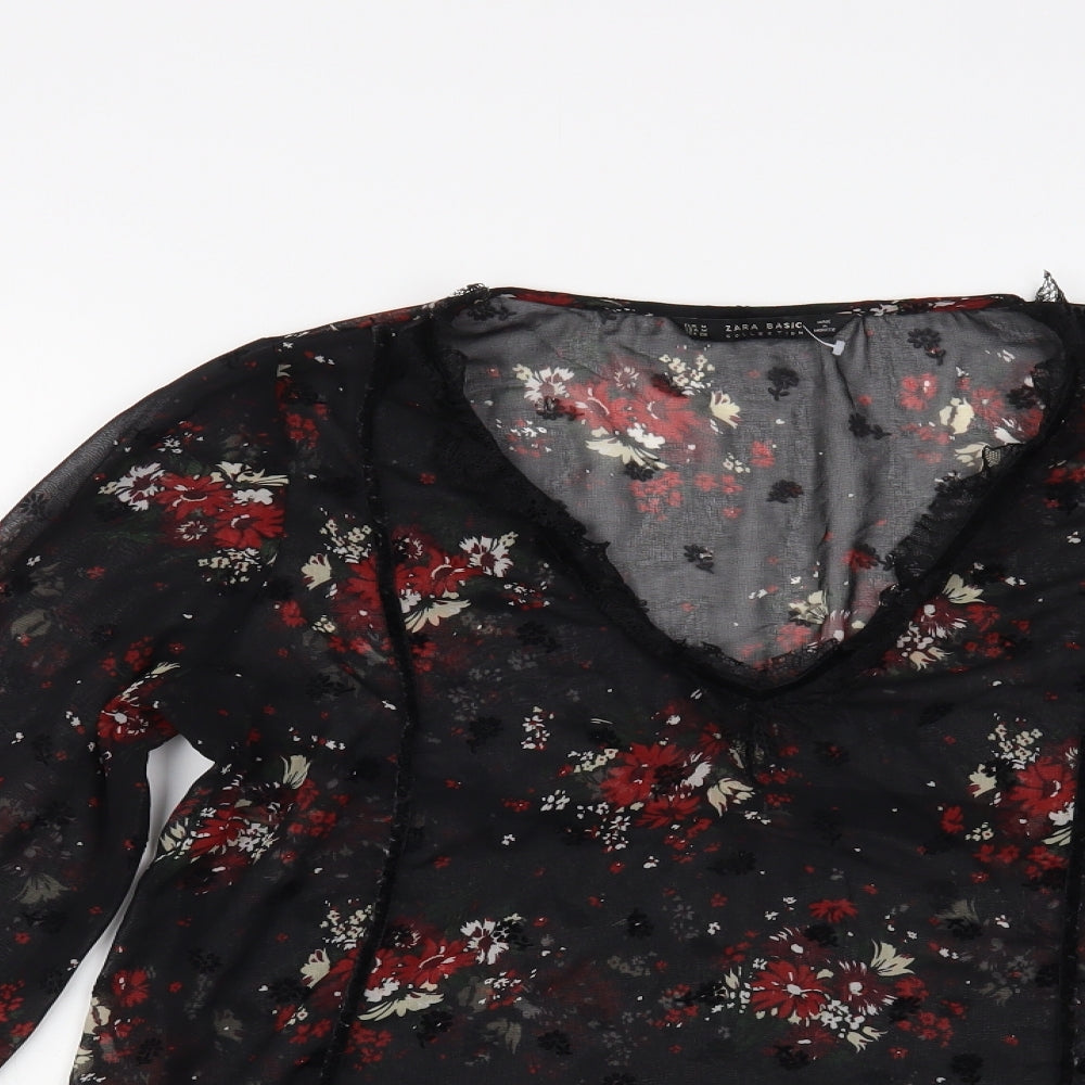 Zara Womens Black Floral Polyester Basic Blouse Size M V-Neck - Lace Detail