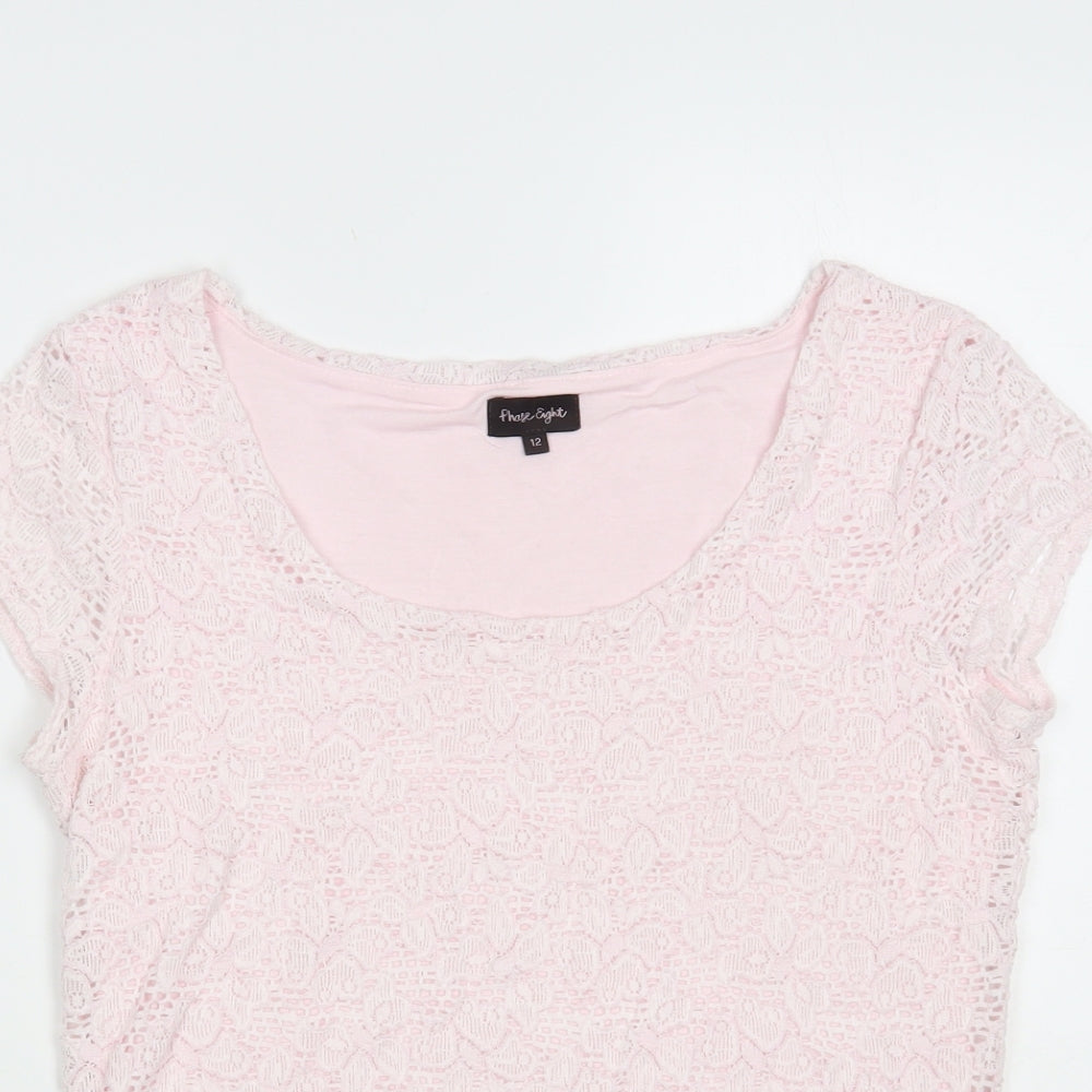 Phase Eight Womens Pink Floral Nylon Basic T-Shirt Size 12 Scoop Neck