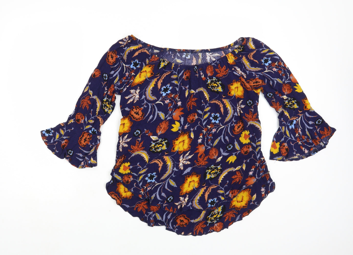 Solo Womens Blue Floral Viscose Basic Blouse Size 14 Boat Neck