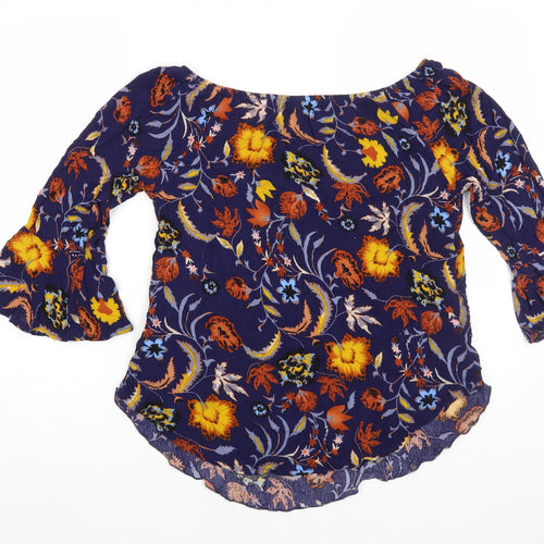 Solo Womens Blue Floral Viscose Basic Blouse Size 14 Boat Neck