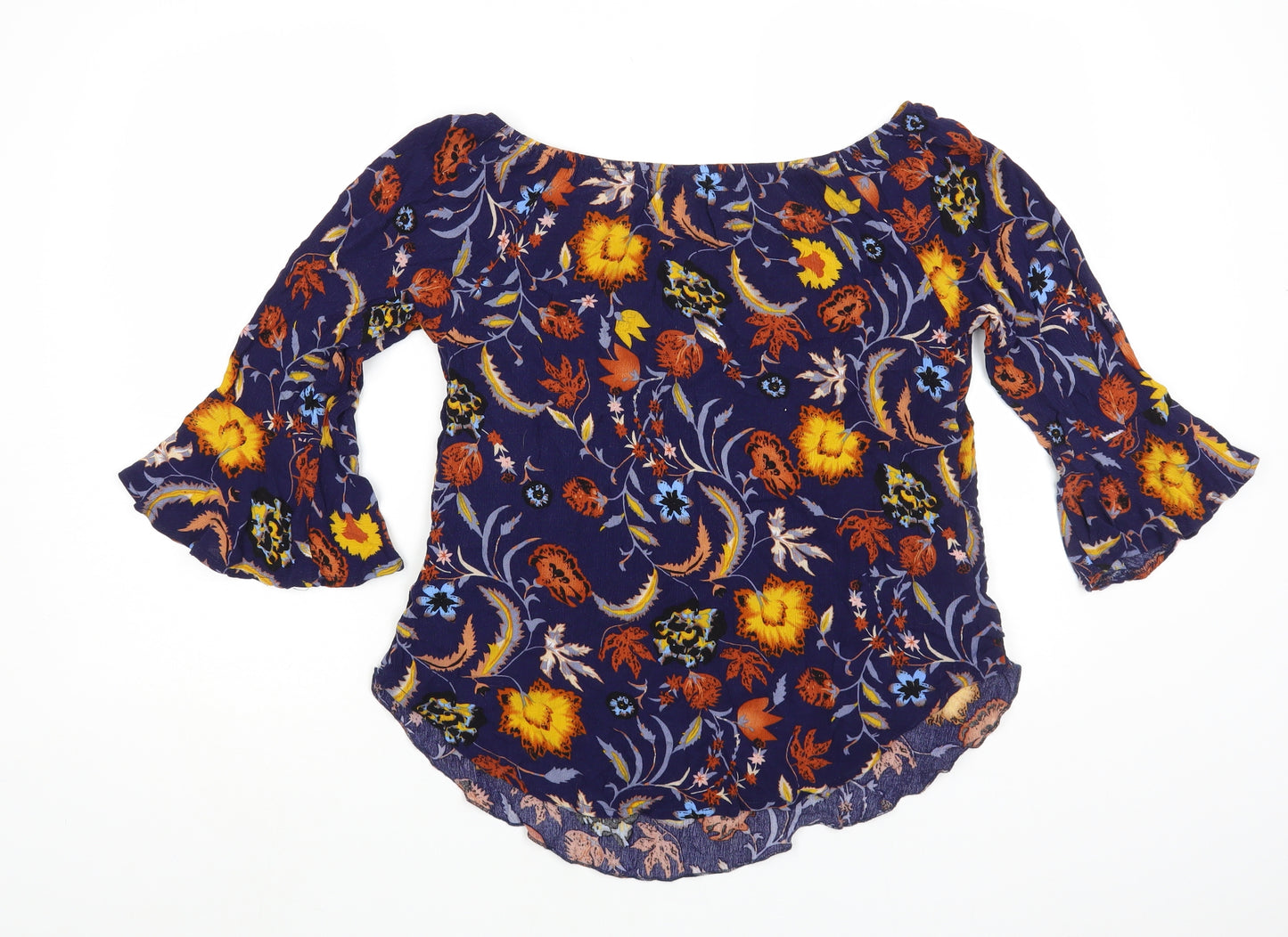 Solo Womens Blue Floral Viscose Basic Blouse Size 14 Boat Neck