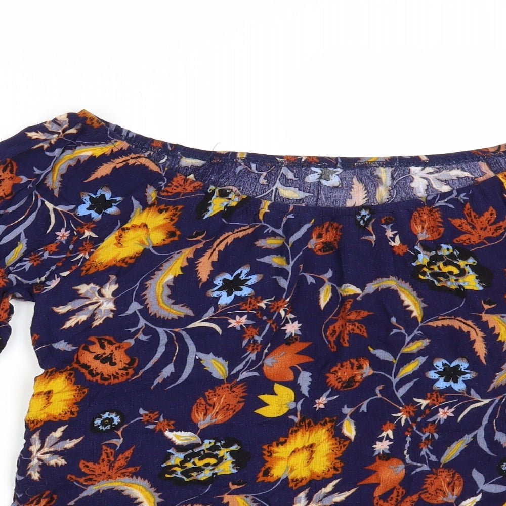 Solo Womens Blue Floral Viscose Basic Blouse Size 14 Boat Neck