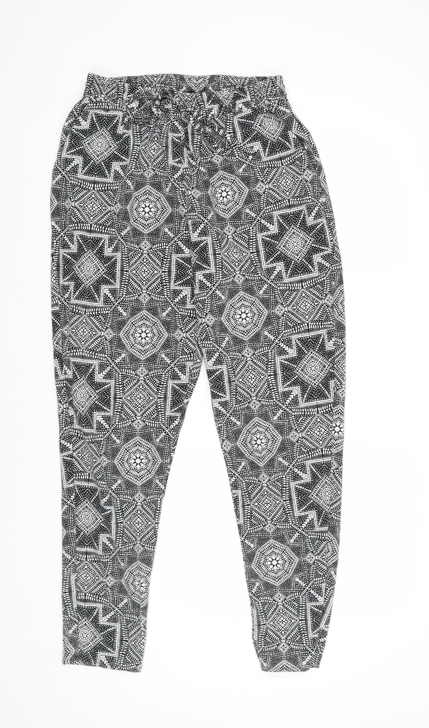 F&F Womens Black Geometric Polyester Trousers Size 12 L29 in Regular Drawstring