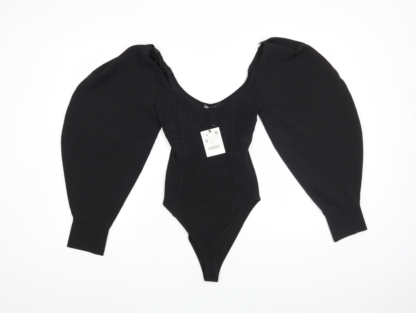 Zara Womens Black Polyester Bodysuit One-Piece Size S Snap - Voluminous Sleeves