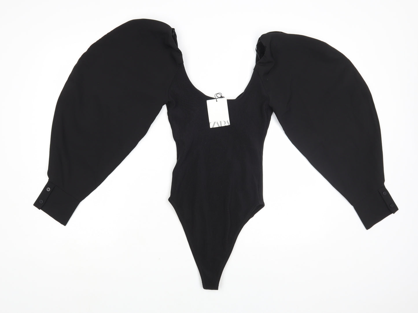 Zara Womens Black Polyester Bodysuit One-Piece Size S Snap - Voluminous Sleeves