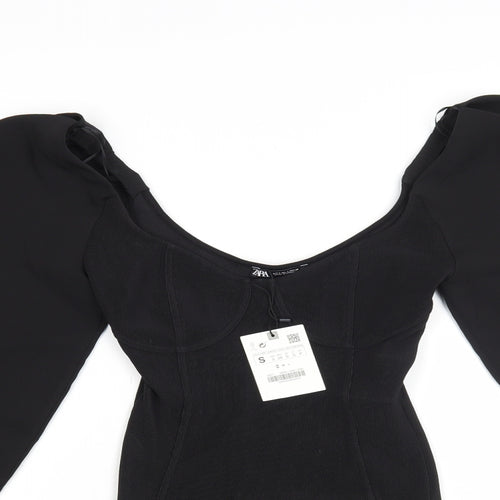 Zara Womens Black Polyester Bodysuit One-Piece Size S Snap - Voluminous Sleeves