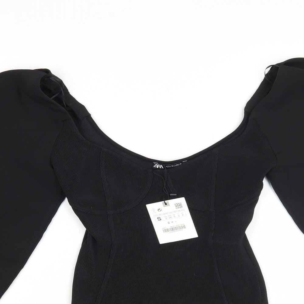 Zara Womens Black Polyester Bodysuit One-Piece Size S Snap - Voluminous Sleeves