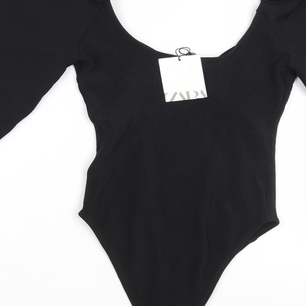Zara Womens Black Polyester Bodysuit One-Piece Size S Snap - Voluminous Sleeves