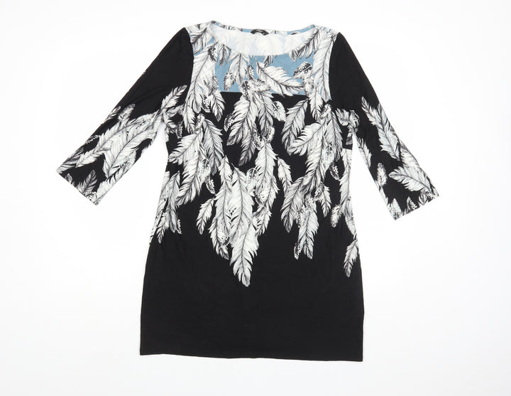 M&Co Womens Black Floral Viscose Tunic Blouse Size 12 Boat Neck