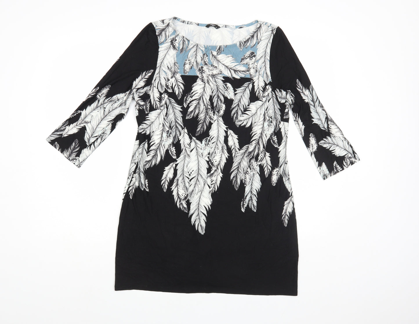 M&Co Womens Black Floral Viscose Tunic Blouse Size 12 Boat Neck