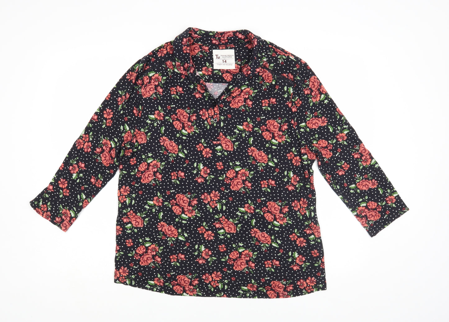 TU Womens Black Floral Modal Basic Blouse Size 14 Collared