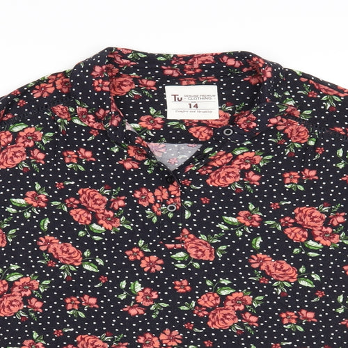 TU Womens Black Floral Modal Basic Blouse Size 14 Collared