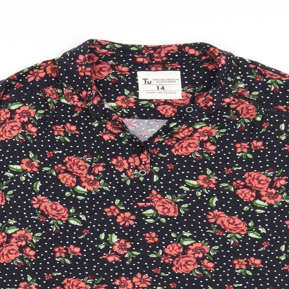 TU Womens Black Floral Modal Basic Blouse Size 14 Collared
