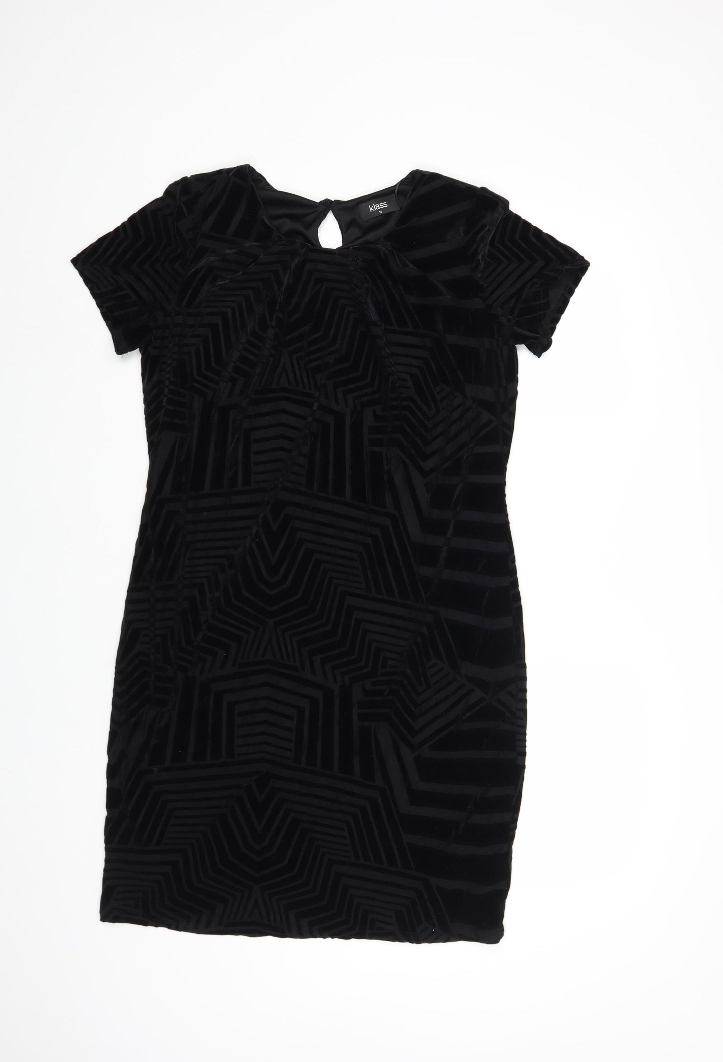 Klass Womens Black Geometric Polyester Shift Size 14 Round Neck Button