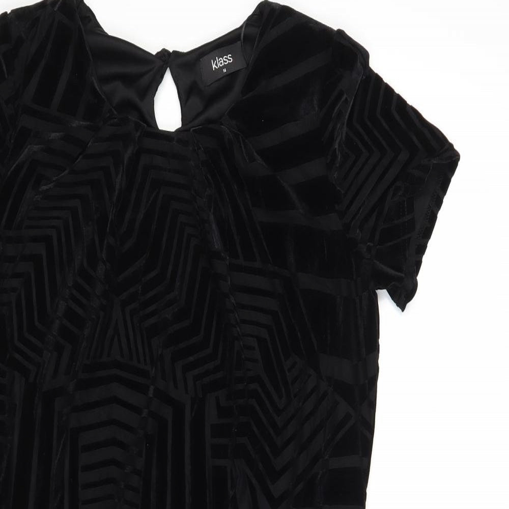 Klass Womens Black Geometric Polyester Shift Size 14 Round Neck Button