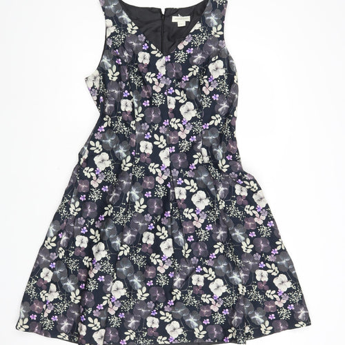 Monsoon Womens Black Floral Cotton Fit & Flare Size 12 V-Neck Zip