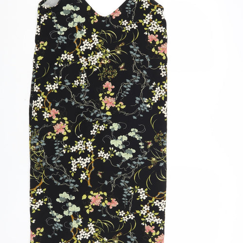 Pull&Bear Womens Black Floral Polyester Slip Dress Size S V-Neck Pullover