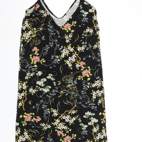 Pull&Bear Womens Black Floral Polyester Slip Dress Size S V-Neck Pullover