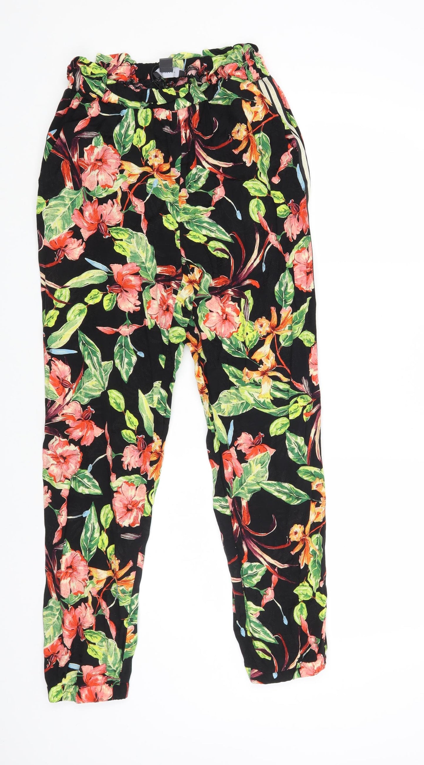 Primark Womens Black Floral Viscose Trousers Size 10 L27 in Regular - Side Stripe
