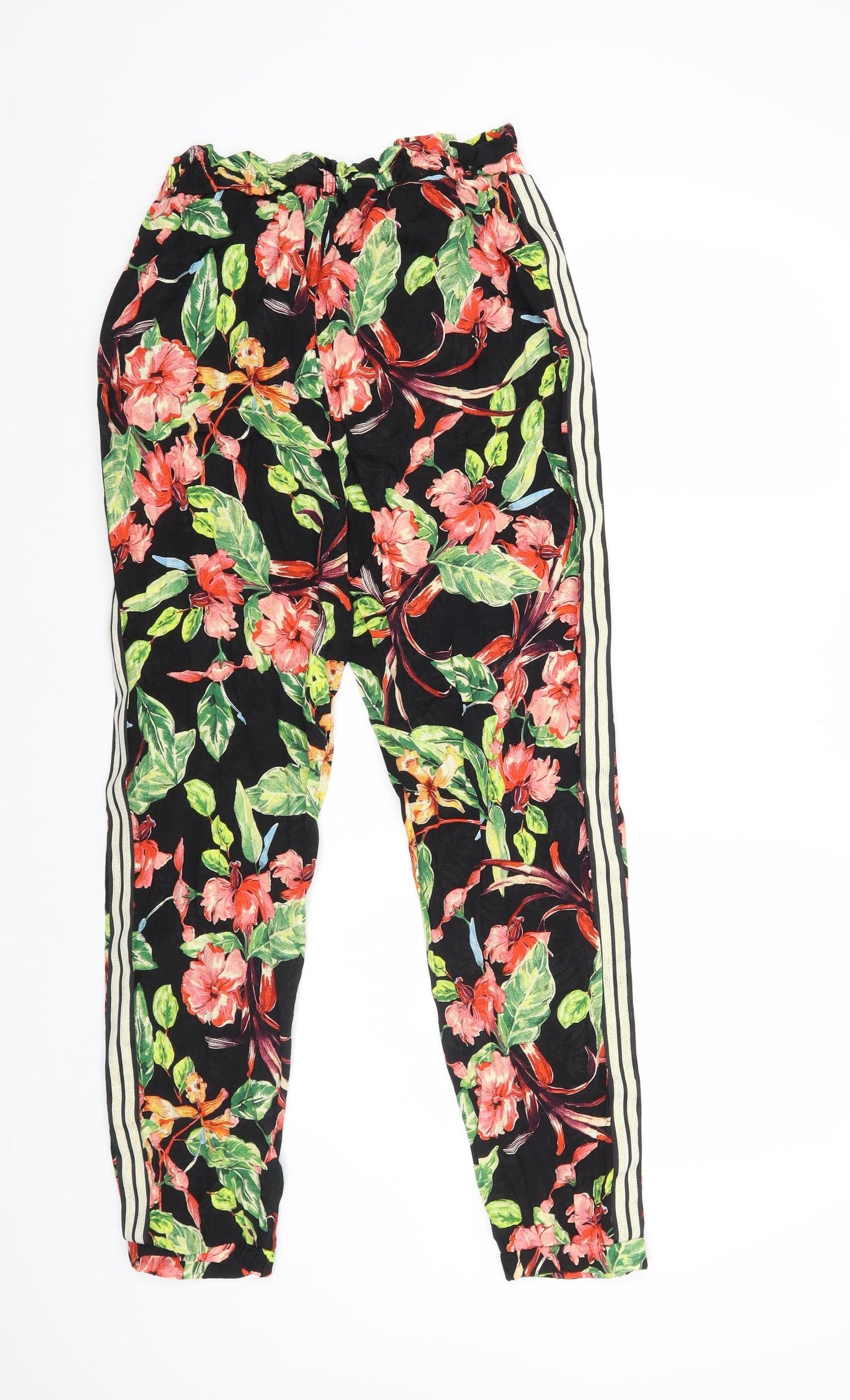 Primark Womens Black Floral Viscose Trousers Size 10 L27 in Regular - Side Stripe