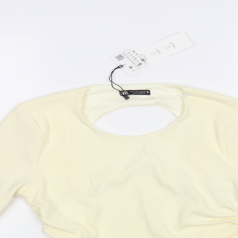Zara Womens Beige Polyester Cropped Blouse Size S Round Neck - Open Back
