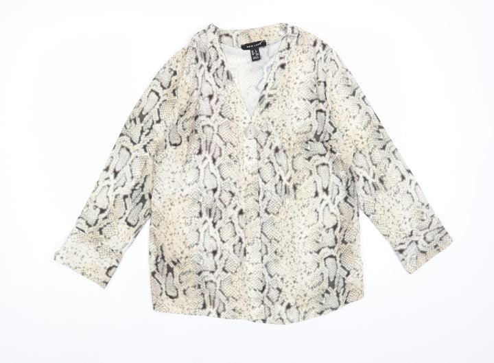 New Look Womens Beige Animal Print Polyester Basic Blouse Size 8 V-Neck - Snakeskin