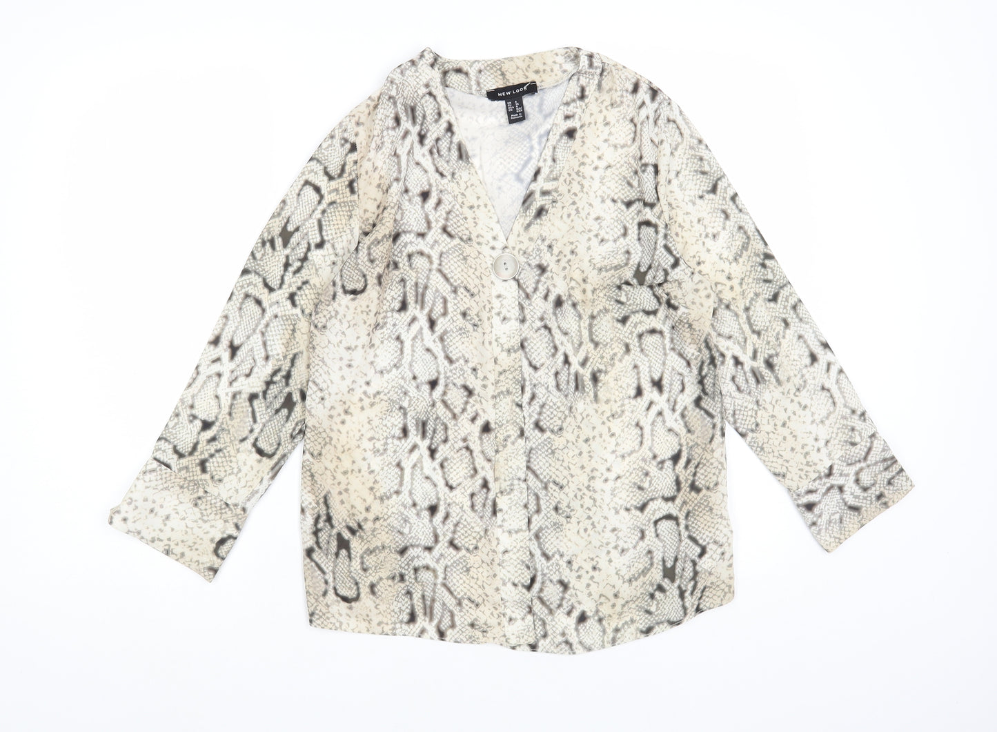New Look Womens Beige Animal Print Polyester Basic Blouse Size 8 V-Neck - Snakeskin