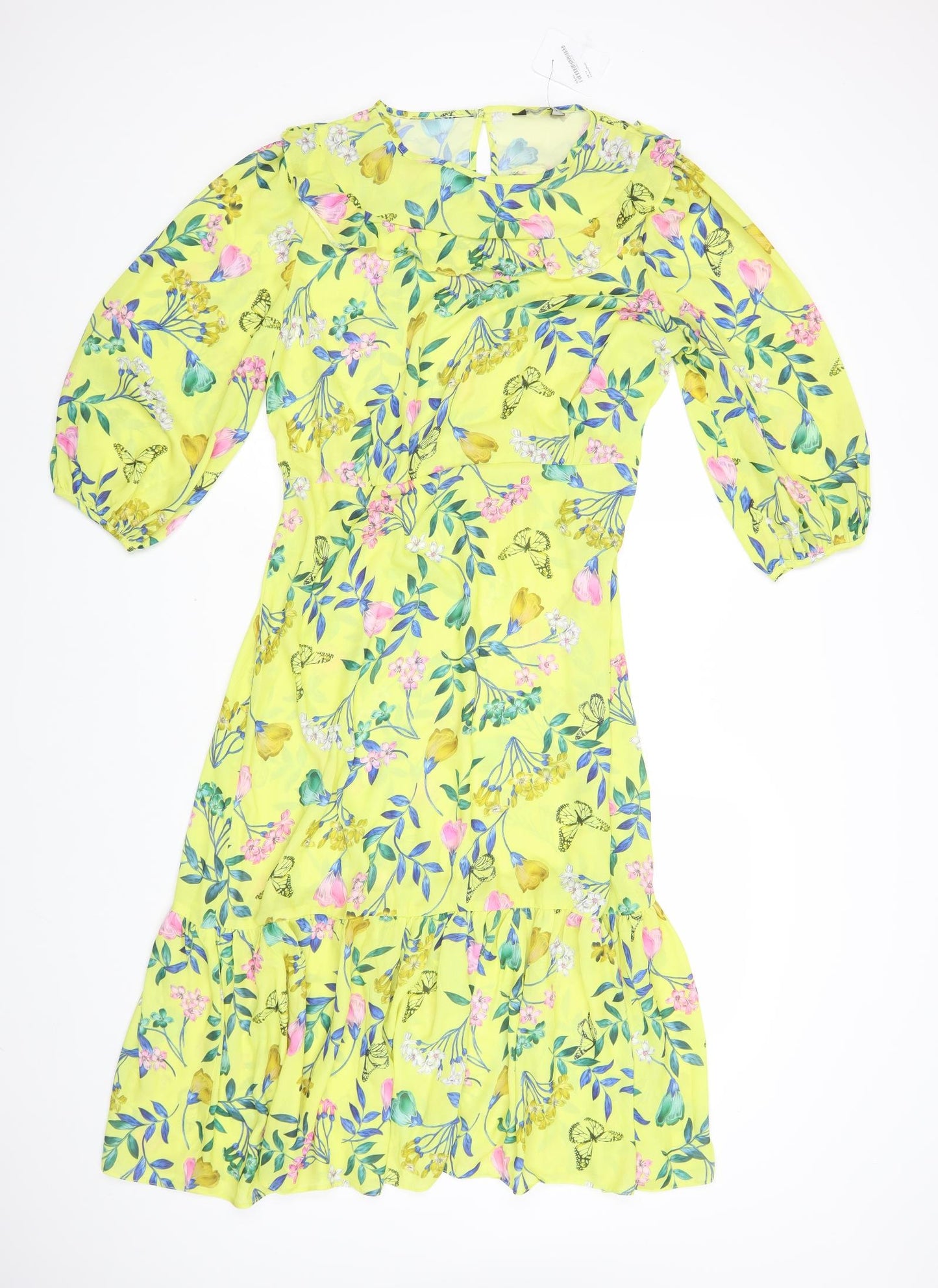 Jotkintry Womens Yellow Floral Polyester A-Line Size L Round Neck Button