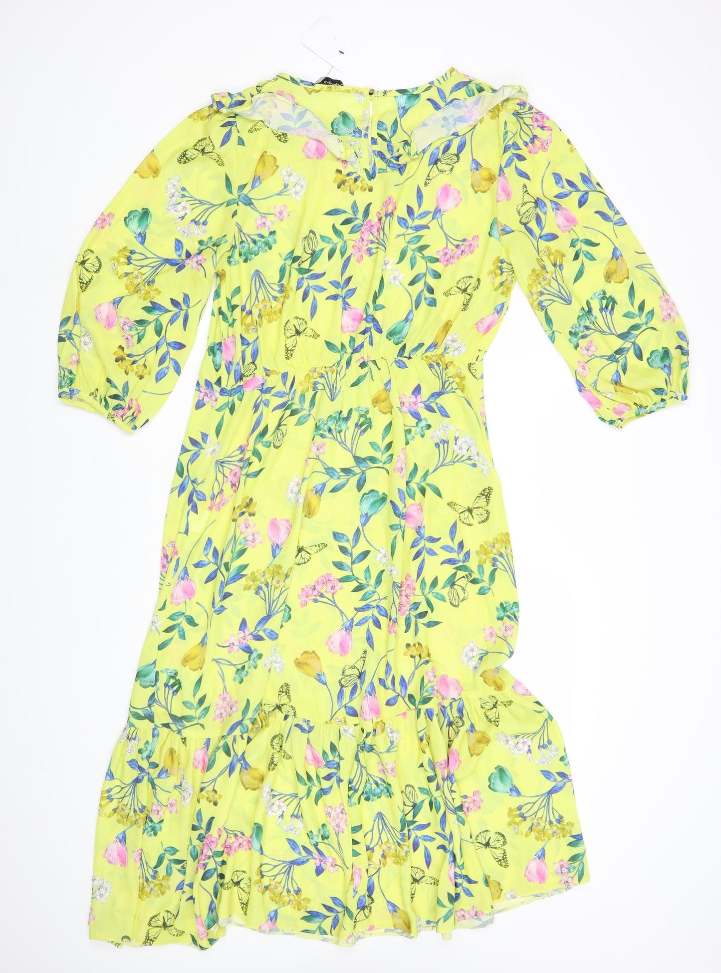 Jotkintry Womens Yellow Floral Polyester A-Line Size L Round Neck Button