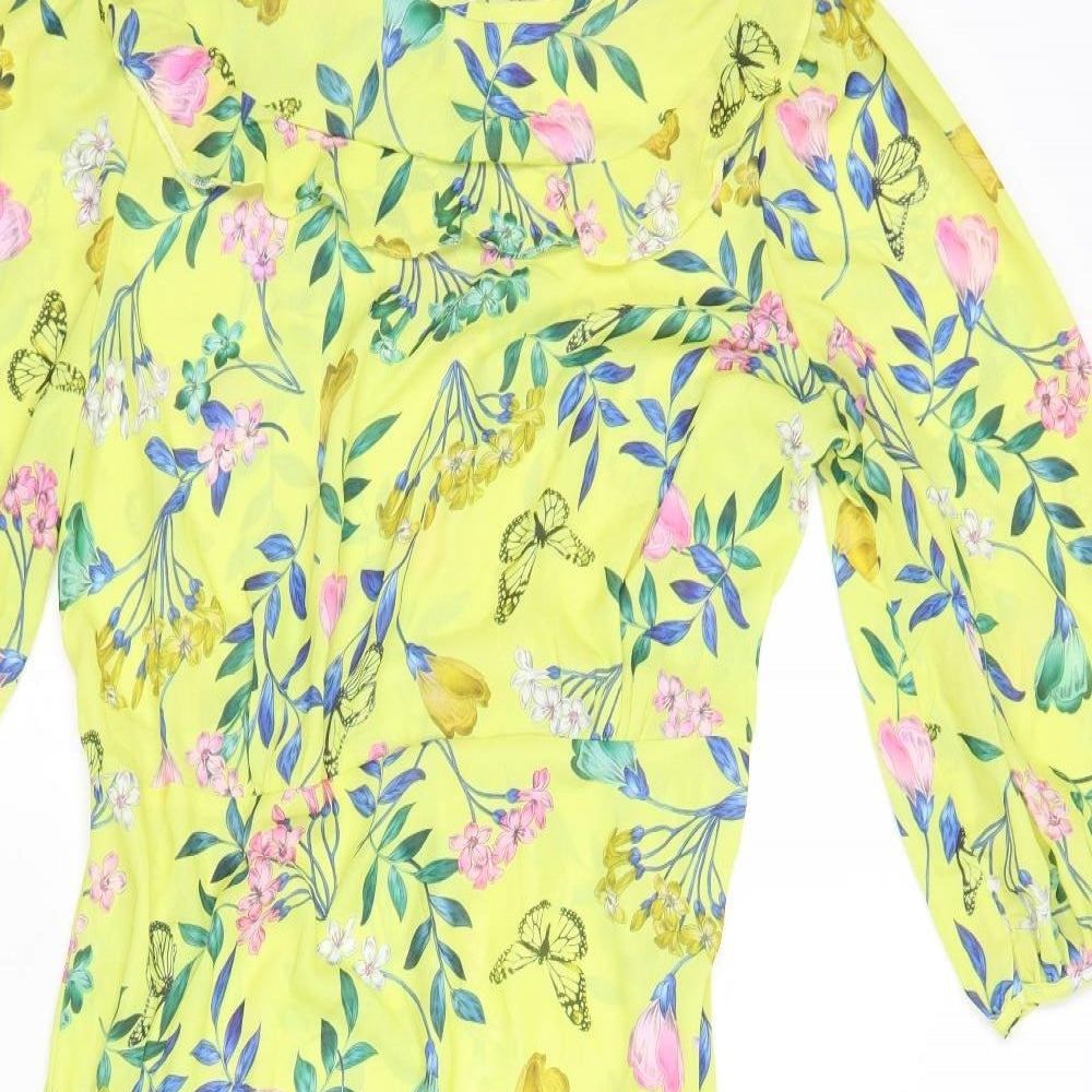 Jotkintry Womens Yellow Floral Polyester A-Line Size L Round Neck Button