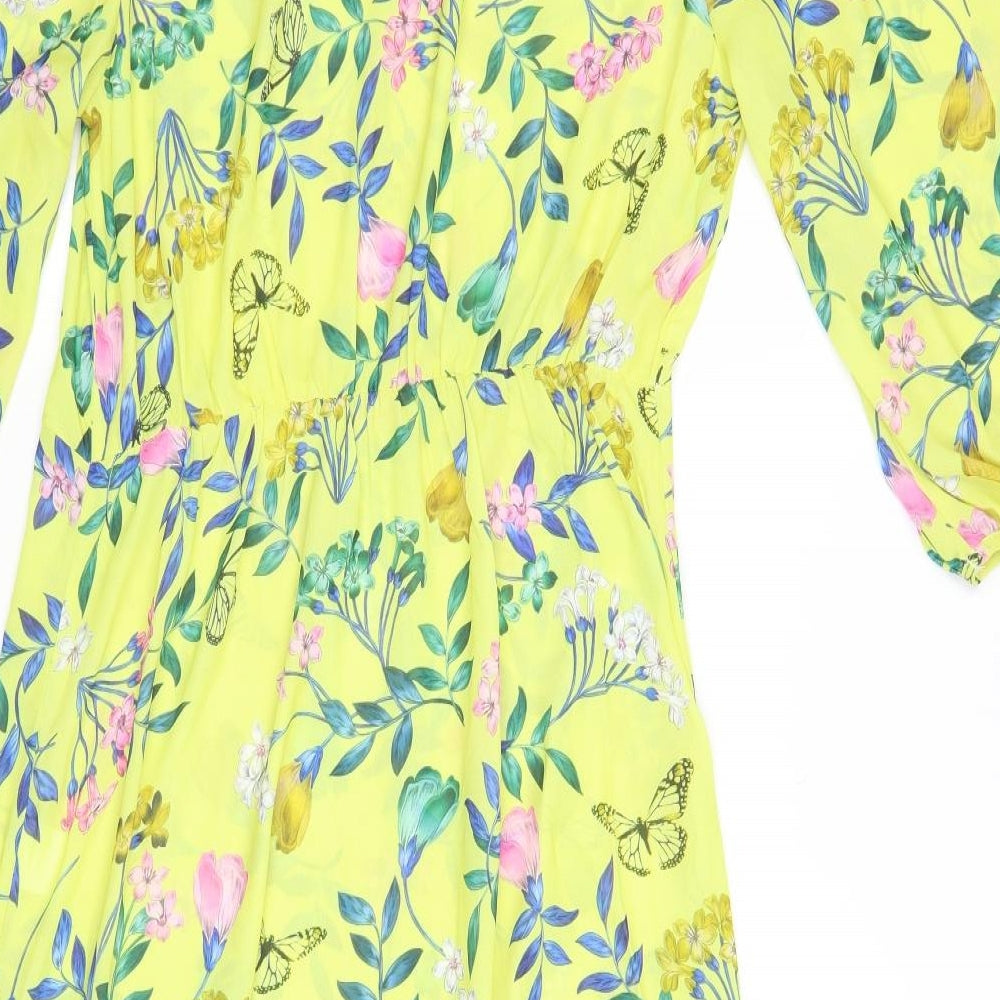 Jotkintry Womens Yellow Floral Polyester A-Line Size L Round Neck Button