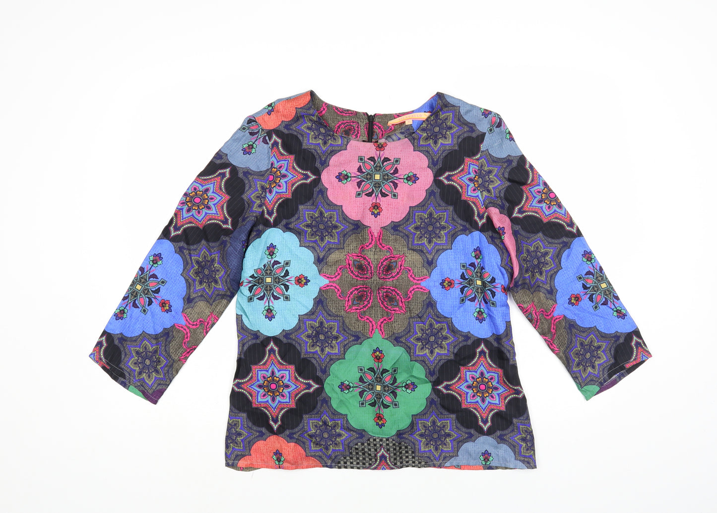 Vilagallo Womens Multicoloured Geometric Silk Basic Blouse Size 14 Round Neck