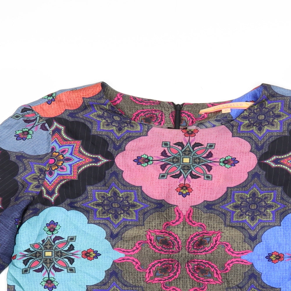 Vilagallo Womens Multicoloured Geometric Silk Basic Blouse Size 14 Round Neck