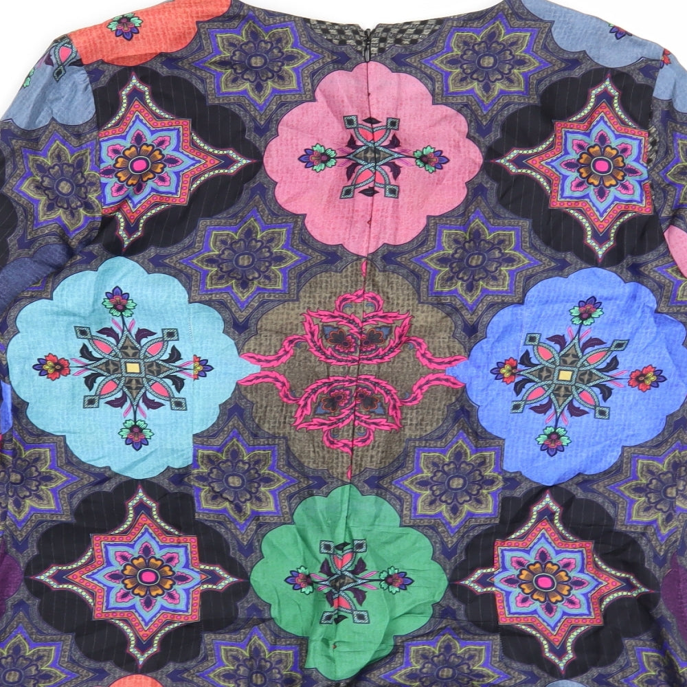 Vilagallo Womens Multicoloured Geometric Silk Basic Blouse Size 14 Round Neck