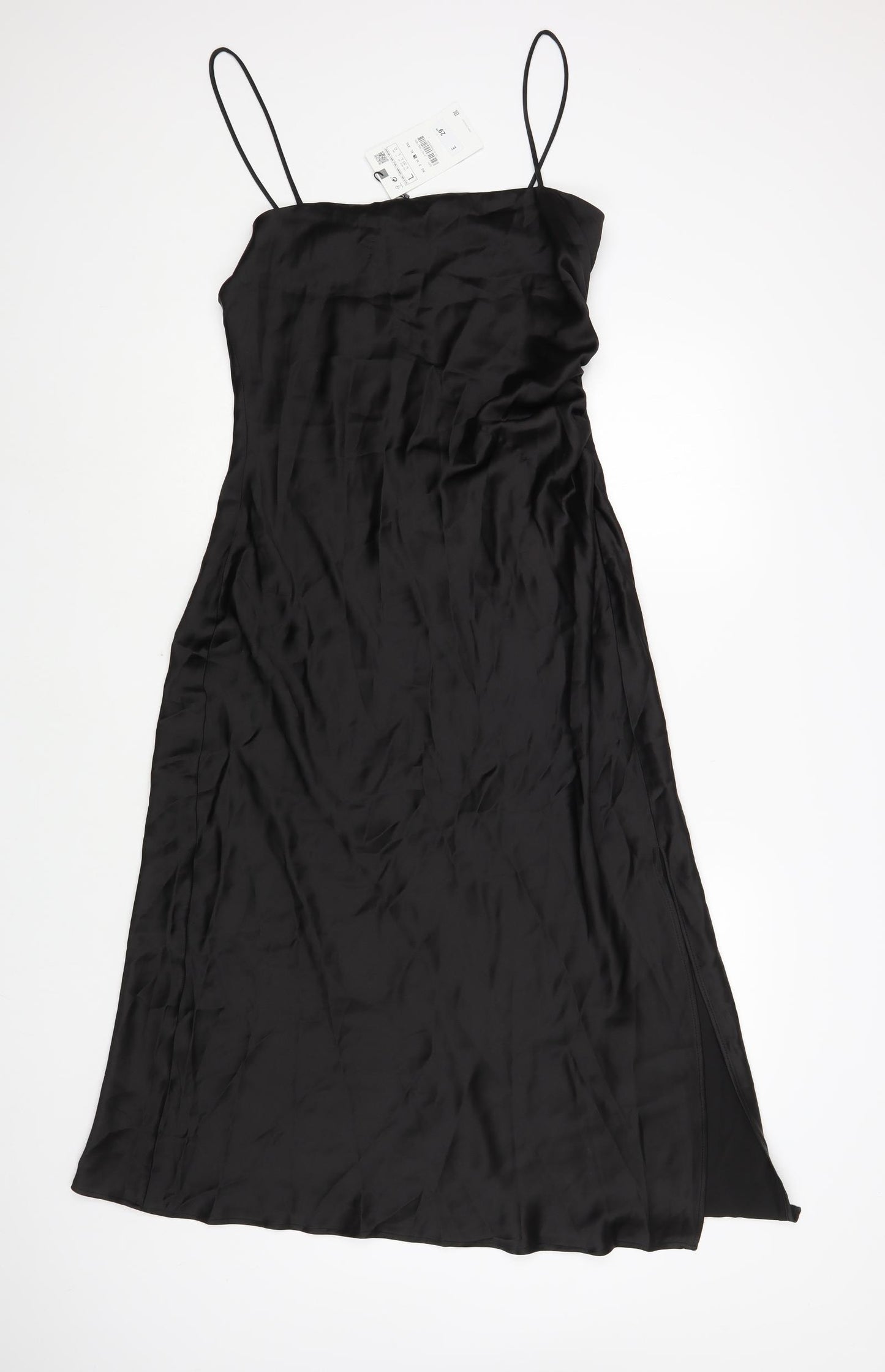 Zara Womens Black Polyester Slip Dress Size L Square Neck Zip
