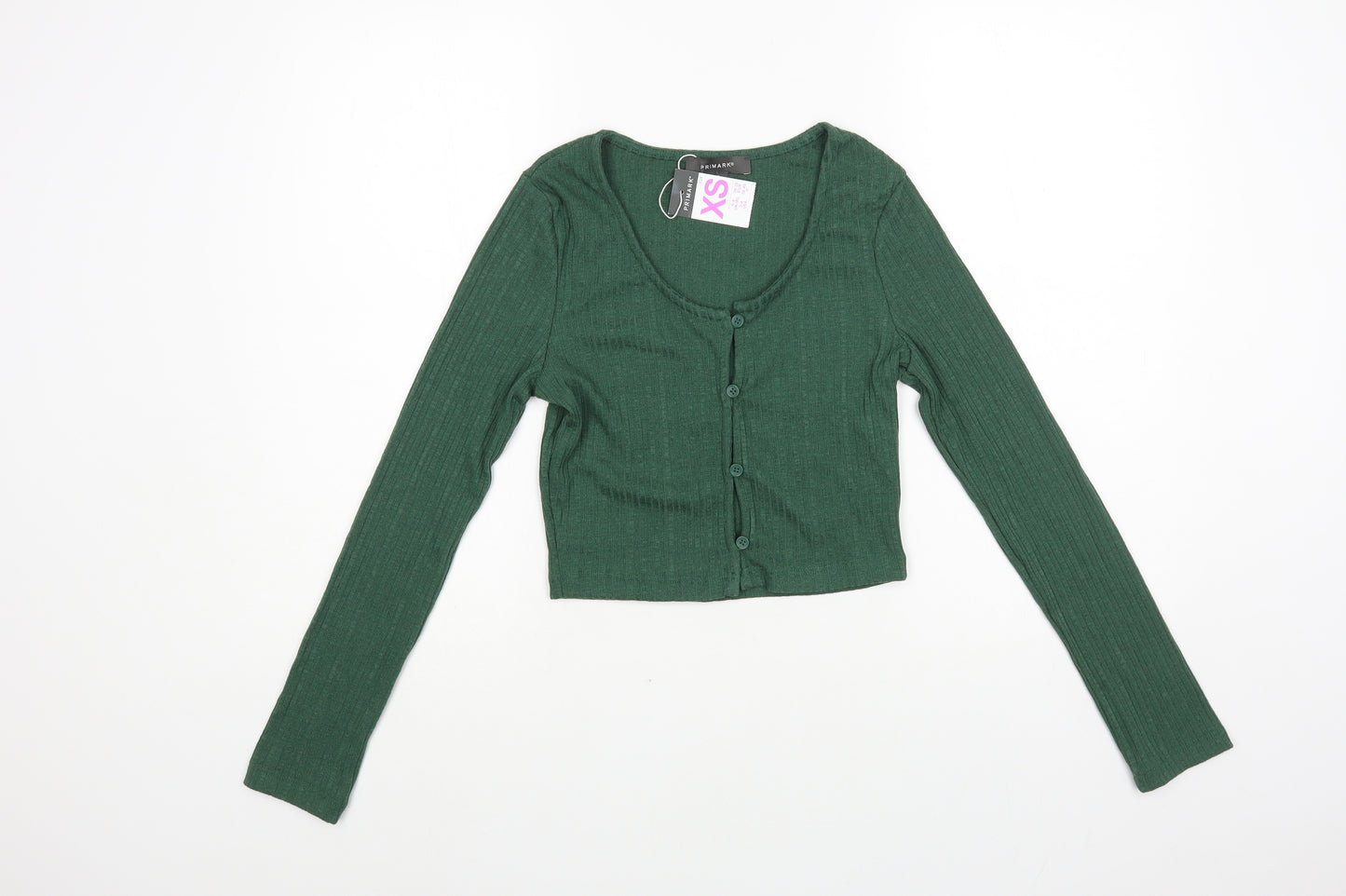 Primark Womens Green Polyester Cropped Button-Up Size XS Scoop Neck - Ribbed
