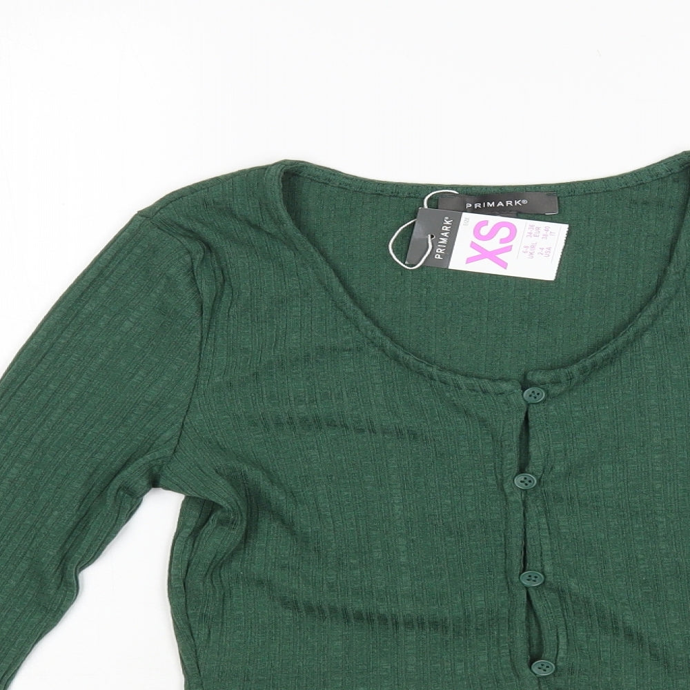 Primark Womens Green Polyester Cropped Button-Up Size XS Scoop Neck - Ribbed