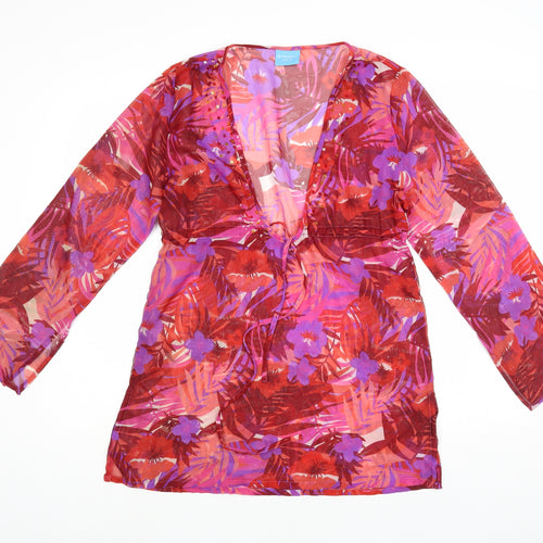Matalan Womens Red Floral Polyester Tunic Blouse Size 10 V-Neck - Beach Cover Up