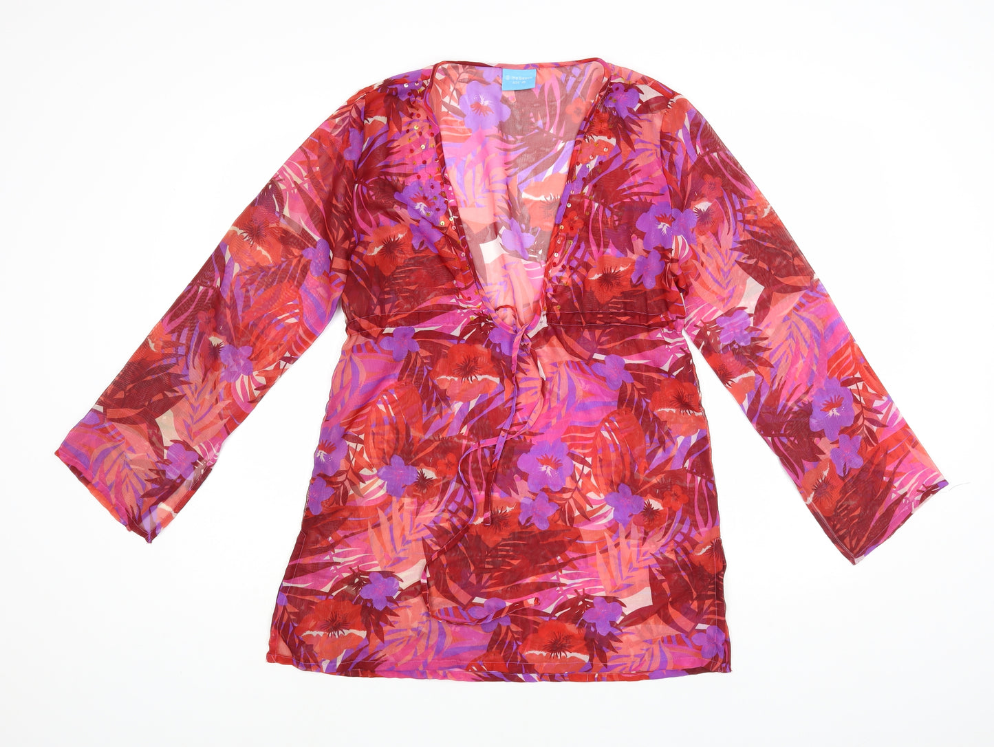 Matalan Womens Red Floral Polyester Tunic Blouse Size 10 V-Neck - Beach Cover Up
